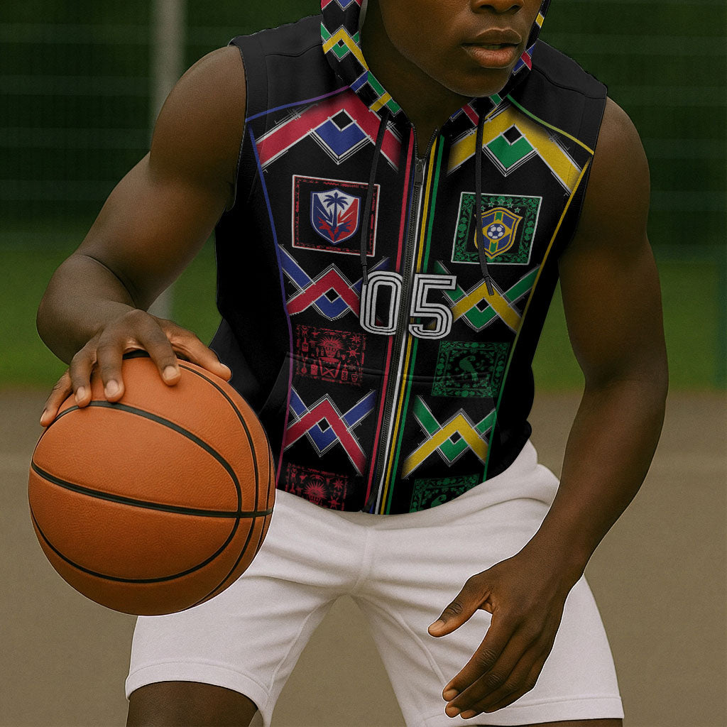 Custom Brazil And Haiti Football Sleeveless Zip Hoodie Mix Brazilian Haitian Roots