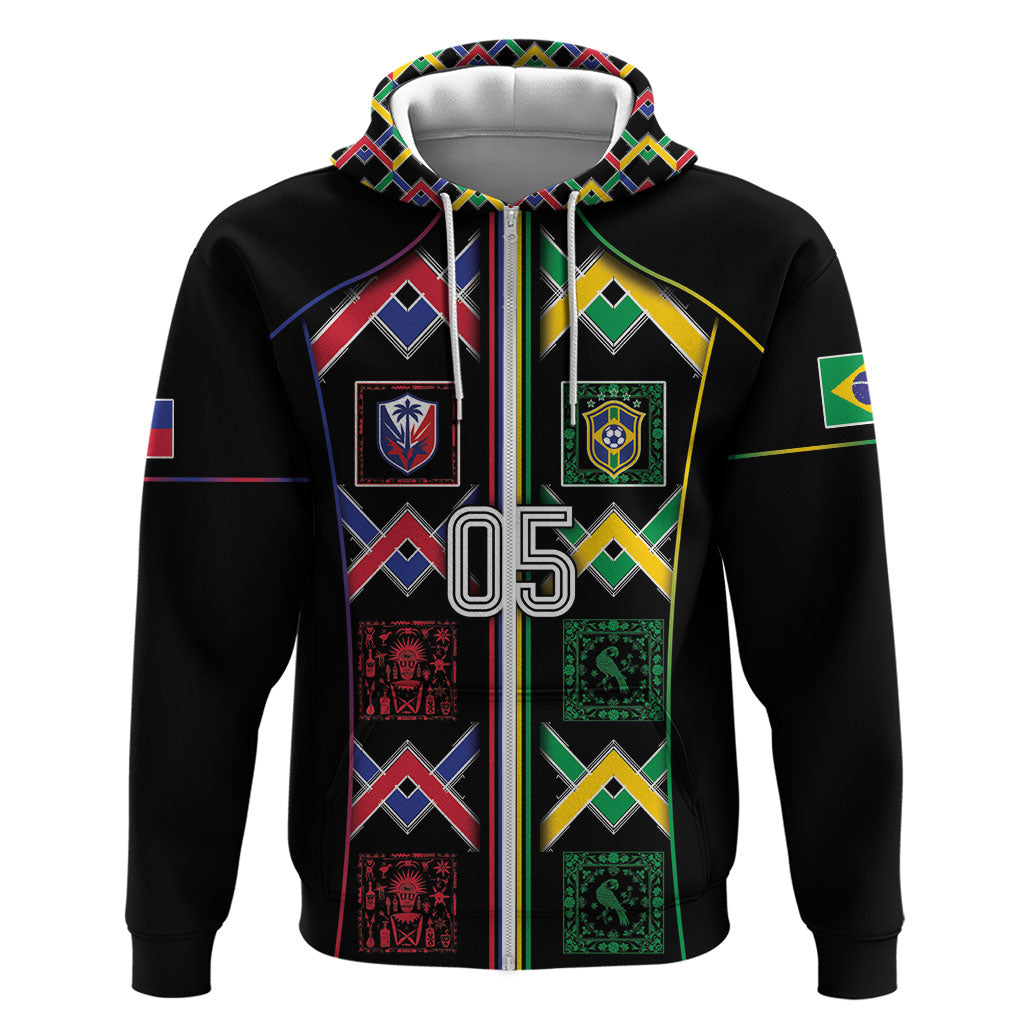 Custom Brazil And Haiti Football Zip Hoodie Mix Brazilian Haitian Roots
