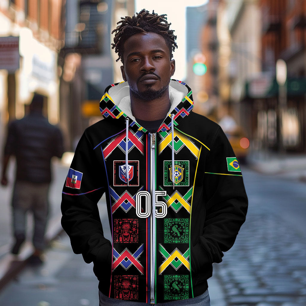 Custom Brazil And Haiti Football Zip Hoodie Mix Brazilian Haitian Roots