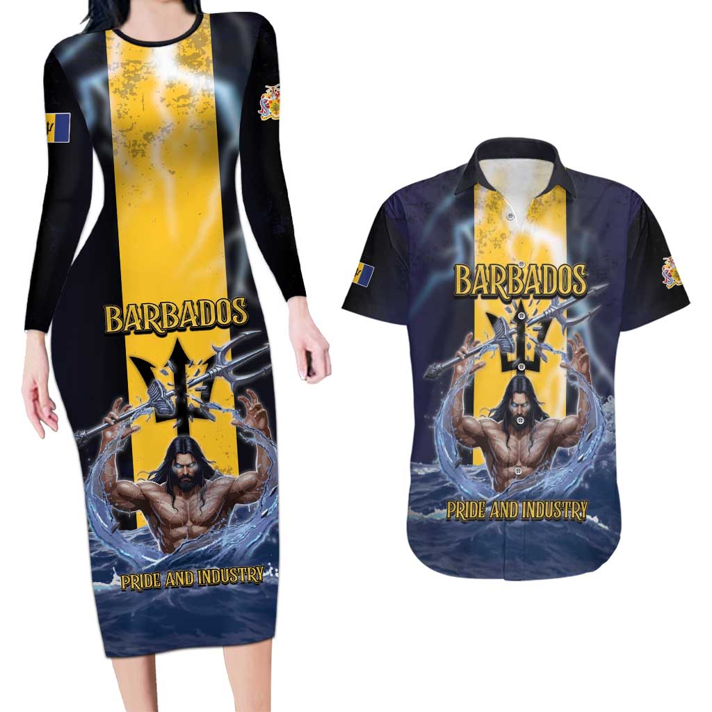 Personalized Barbados Couples Matching Long Sleeve Bodycon Dress and Hawaiian Shirt Pride And Industry - Wonder Print Shop