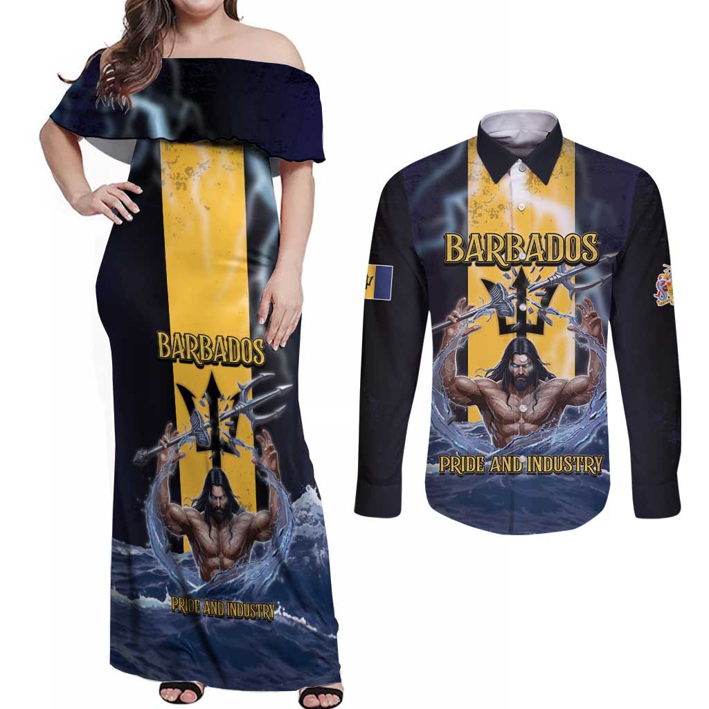 Personalized Barbados Couples Matching Off Shoulder Maxi Dress and Long Sleeve Button Shirt Pride And Industry - Wonder Print Shop