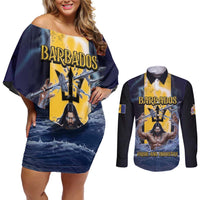 Personalized Barbados Couples Matching Off Shoulder Short Dress and Long Sleeve Button Shirt Pride And Industry - Wonder Print Shop