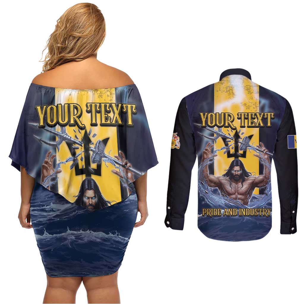 Personalized Barbados Couples Matching Off Shoulder Short Dress and Long Sleeve Button Shirt Pride And Industry - Wonder Print Shop