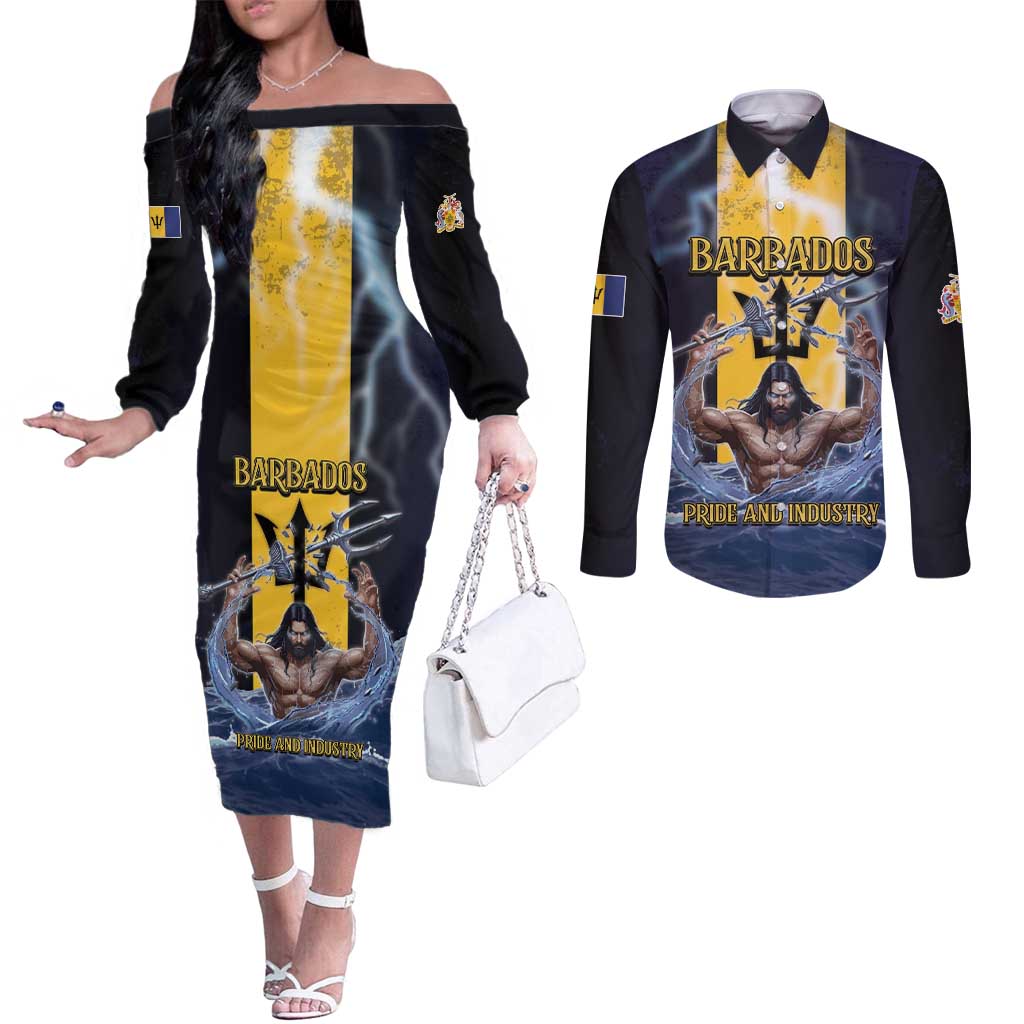 Personalized Barbados Couples Matching Off The Shoulder Long Sleeve Dress and Long Sleeve Button Shirt Pride And Industry - Wonder Print Shop