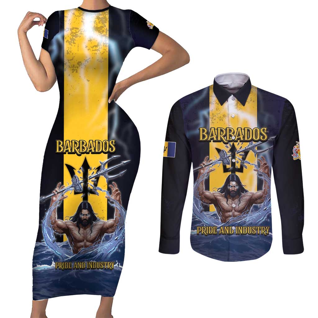 Personalized Barbados Couples Matching Short Sleeve Bodycon Dress and Long Sleeve Button Shirt Pride And Industry - Wonder Print Shop