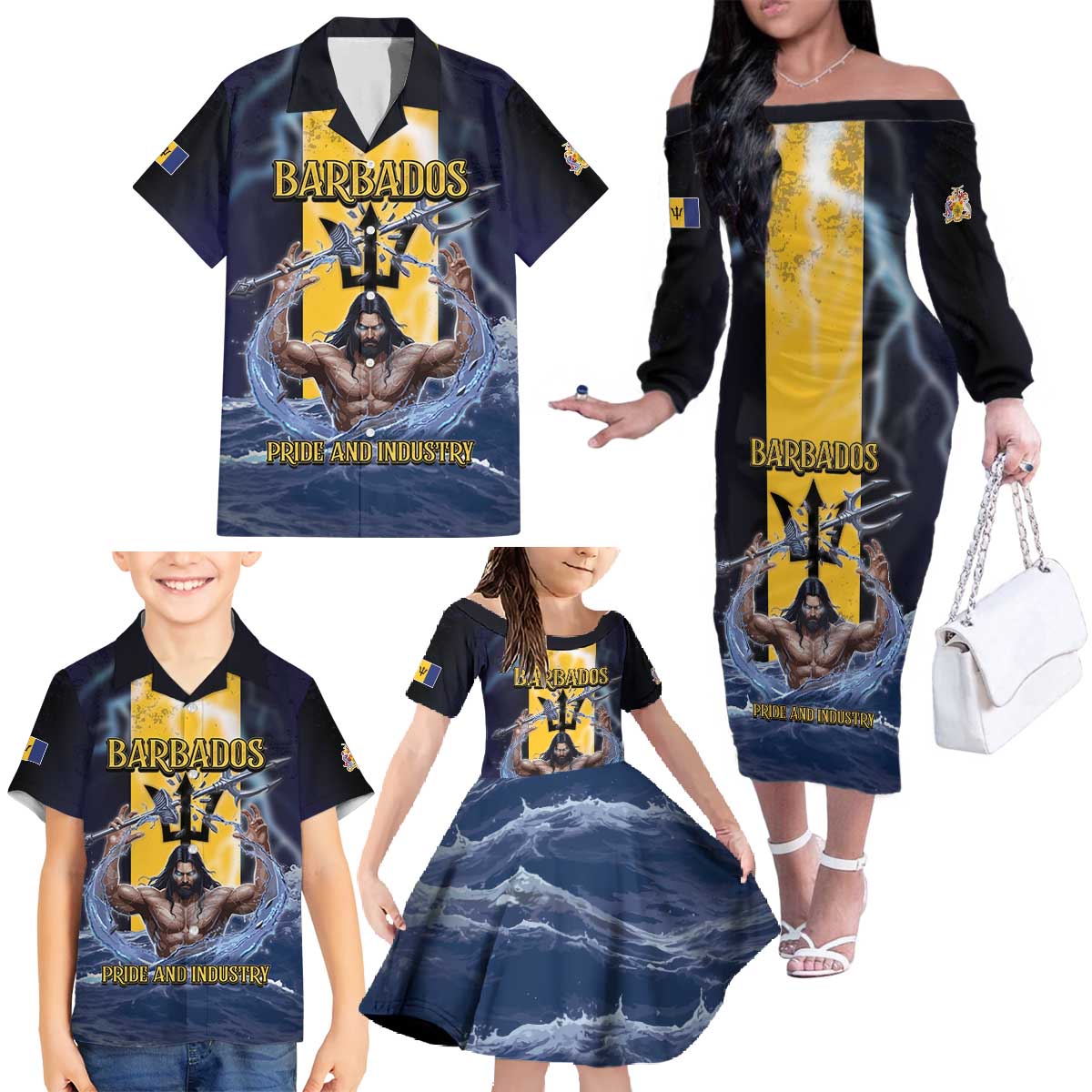Personalized Barbados Family Matching Off The Shoulder Long Sleeve Dress and Hawaiian Shirt Pride And Industry - Wonder Print Shop