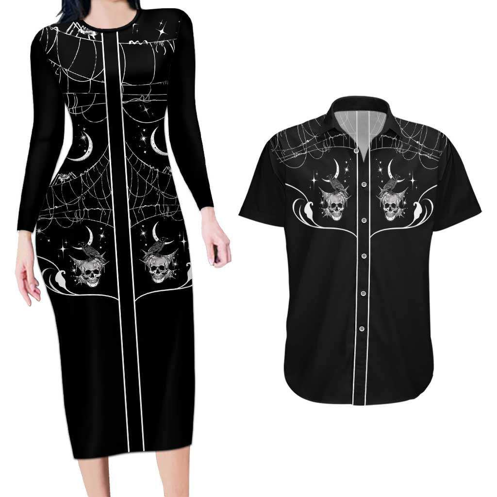 Skull Cowboy Couples Matching Long Sleeve Bodycon Dress and Hawaiian Shirt Western Yoke Style - Wonder Print Shop