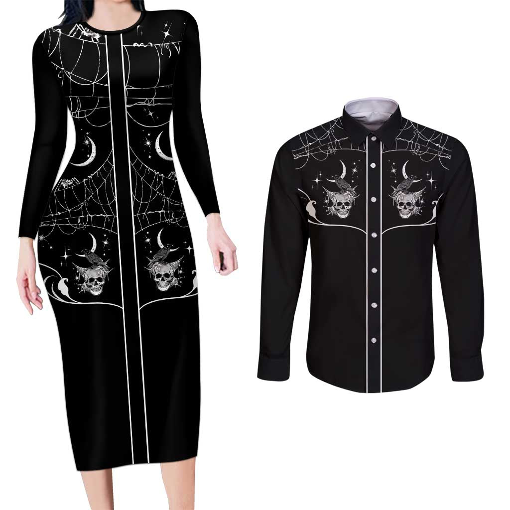 Skull Cowboy Couples Matching Long Sleeve Bodycon Dress and Long Sleeve Button Shirt Western Yoke Style - Wonder Print Shop