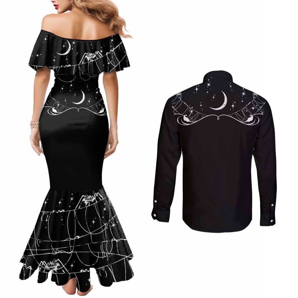 Skull Cowboy Couples Matching Mermaid Dress and Long Sleeve Button Shirt Western Yoke Style - Wonder Print Shop