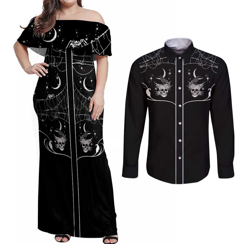 Skull Cowboy Couples Matching Off Shoulder Maxi Dress and Long Sleeve Button Shirt Western Yoke Style - Wonder Print Shop