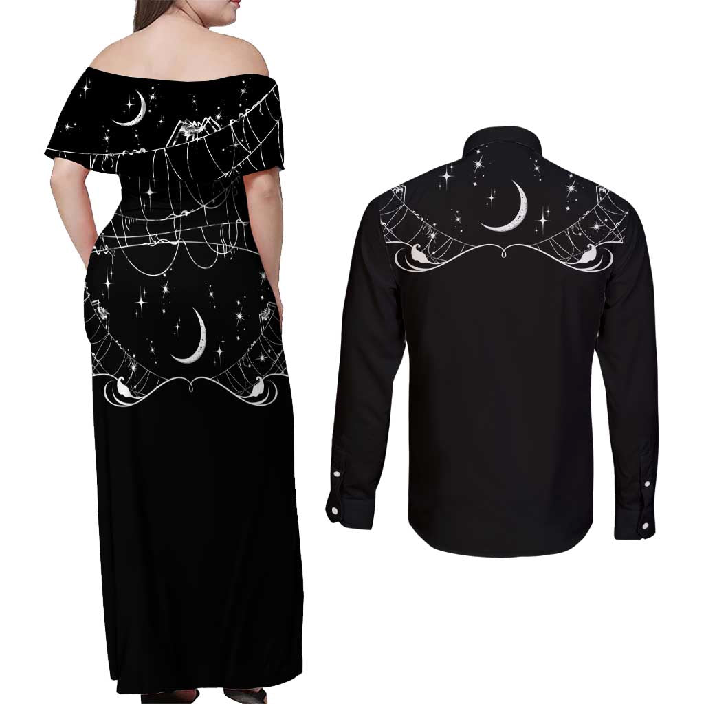 Skull Cowboy Couples Matching Off Shoulder Maxi Dress and Long Sleeve Button Shirt Western Yoke Style - Wonder Print Shop