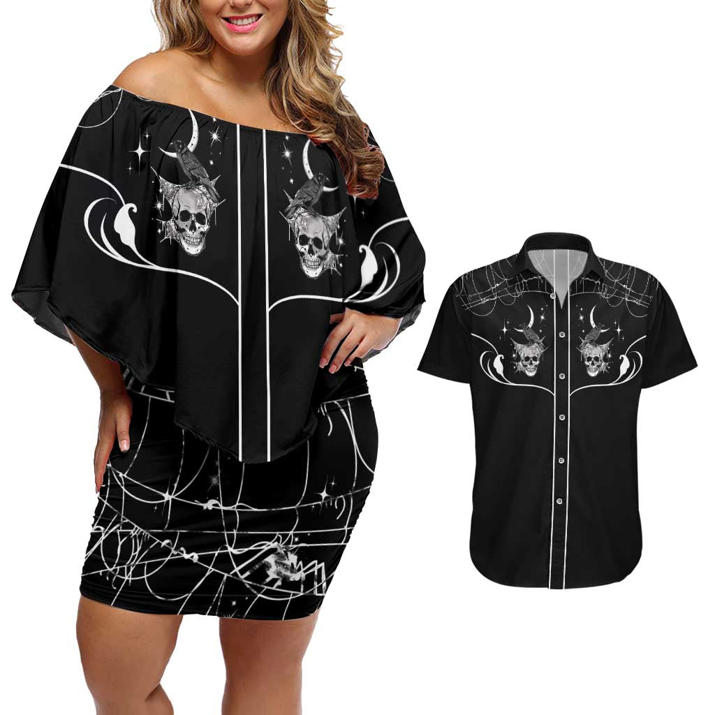 Skull Cowboy Couples Matching Off Shoulder Short Dress and Hawaiian Shirt Western Yoke Style - Wonder Print Shop