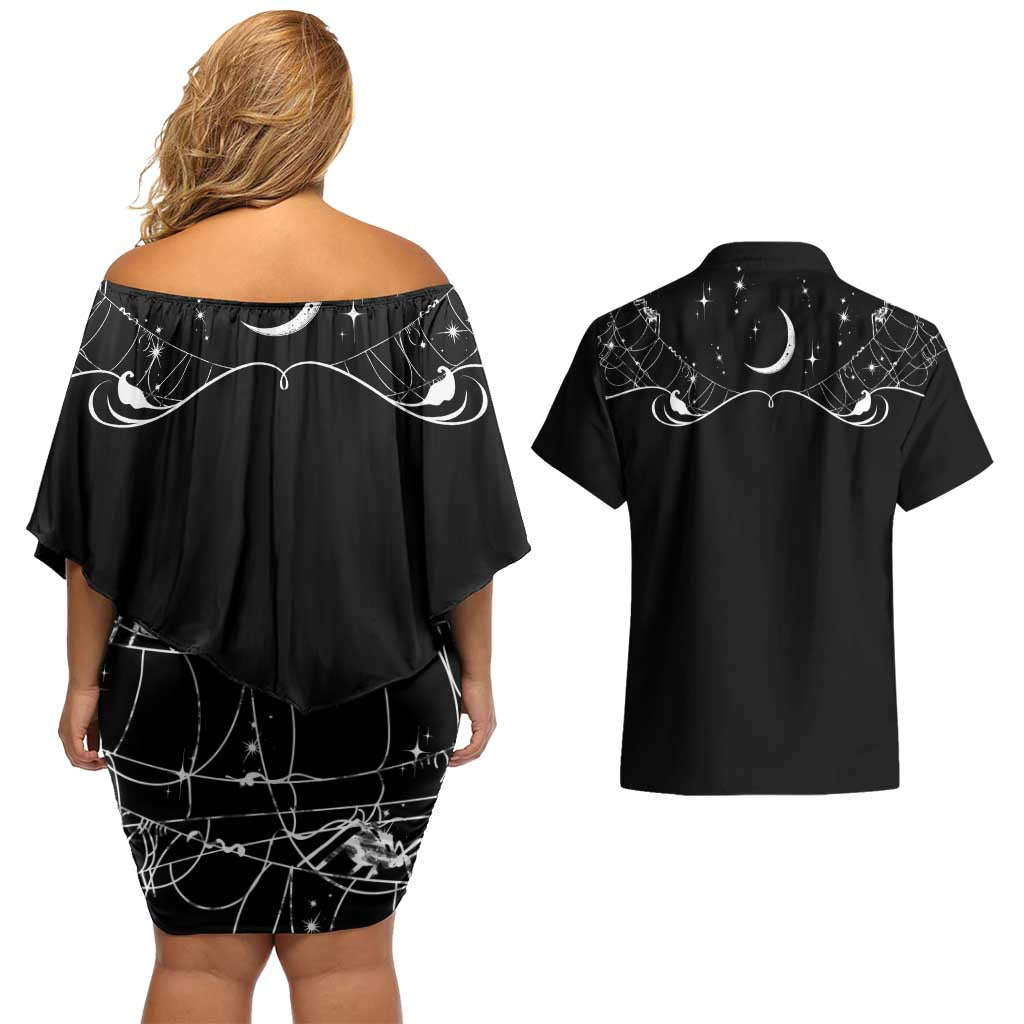 Skull Cowboy Couples Matching Off Shoulder Short Dress and Hawaiian Shirt Western Yoke Style - Wonder Print Shop