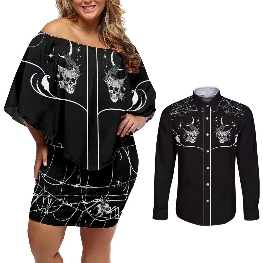 Skull Cowboy Couples Matching Off Shoulder Short Dress and Long Sleeve Button Shirt Western Yoke Style - Wonder Print Shop