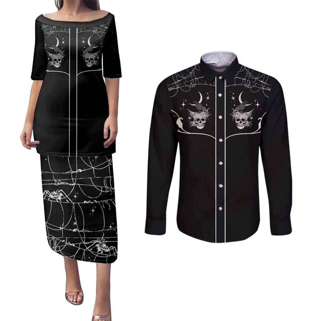 Skull Cowboy Couples Matching Puletasi and Long Sleeve Button Shirt Western Yoke Style - Wonder Print Shop