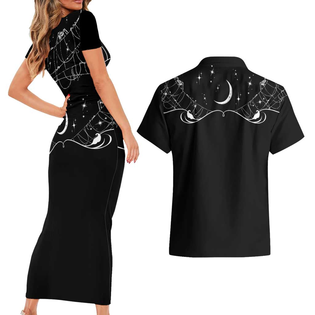 Skull Cowboy Couples Matching Short Sleeve Bodycon Dress and Hawaiian Shirt Western Yoke Style - Wonder Print Shop