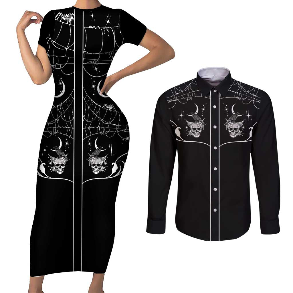 Skull Cowboy Couples Matching Short Sleeve Bodycon Dress and Long Sleeve Button Shirt Western Yoke Style - Wonder Print Shop