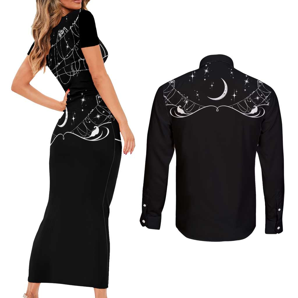 Skull Cowboy Couples Matching Short Sleeve Bodycon Dress and Long Sleeve Button Shirt Western Yoke Style - Wonder Print Shop