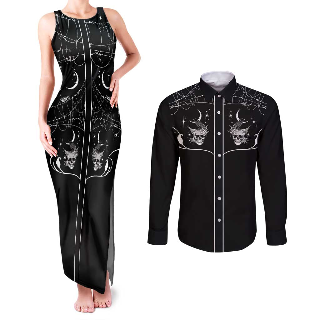 Skull Cowboy Couples Matching Tank Maxi Dress and Long Sleeve Button Shirt Western Yoke Style - Wonder Print Shop