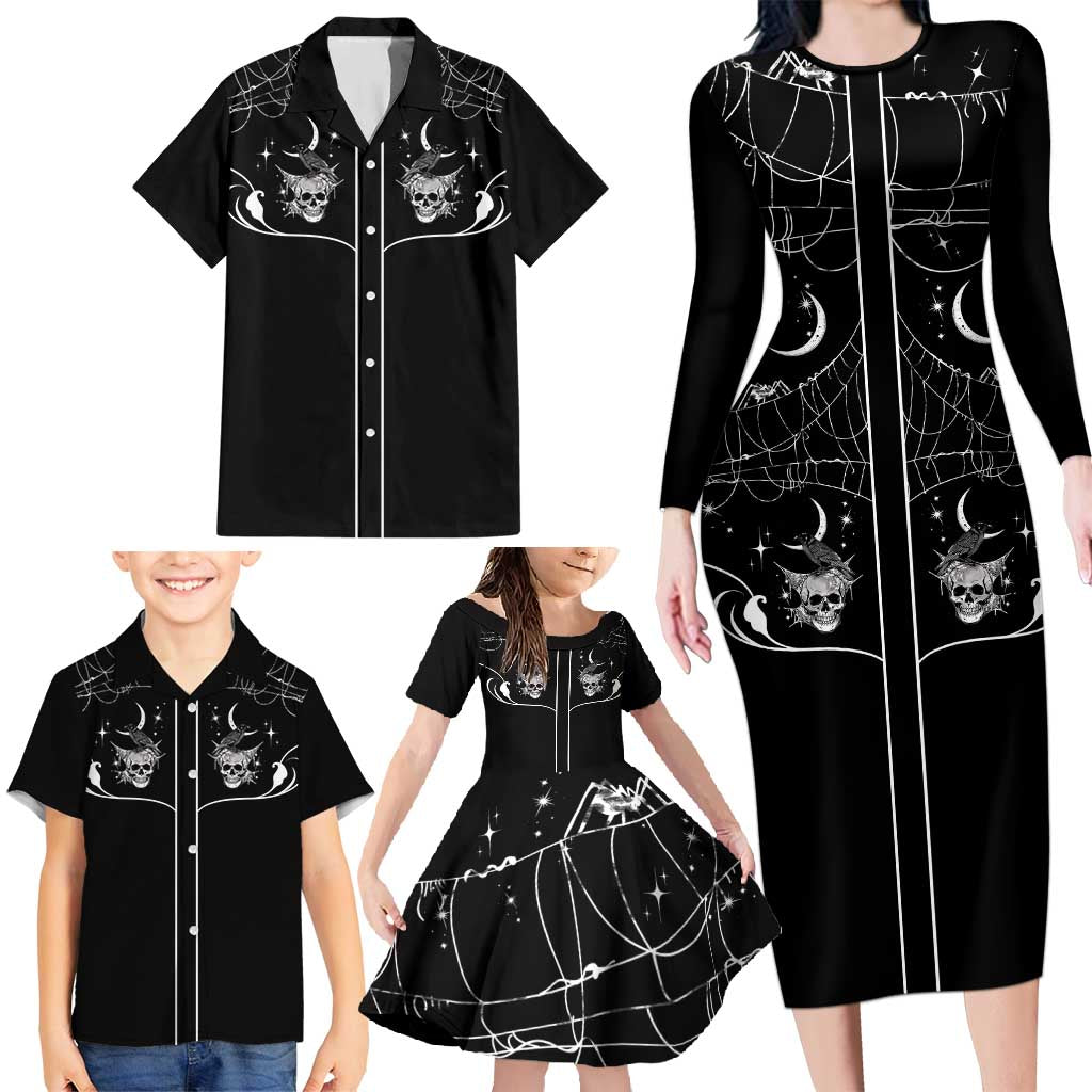 Skull Cowboy Family Matching Long Sleeve Bodycon Dress and Hawaiian Shirt Western Yoke Style - Wonder Print Shop
