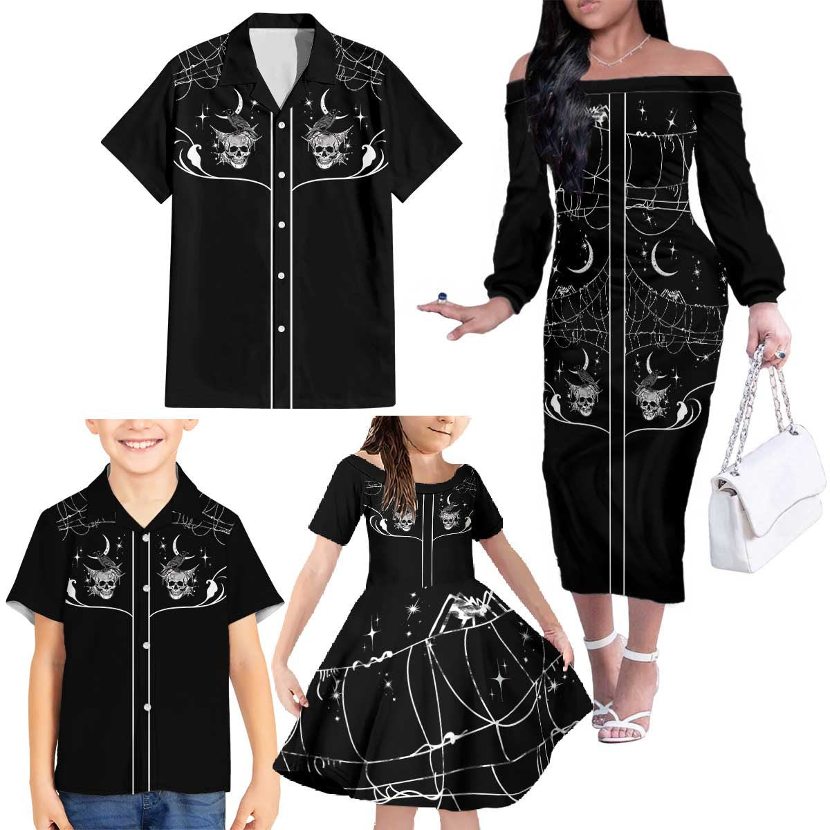 Skull Cowboy Family Matching Off The Shoulder Long Sleeve Dress and Hawaiian Shirt Western Yoke Style - Wonder Print Shop