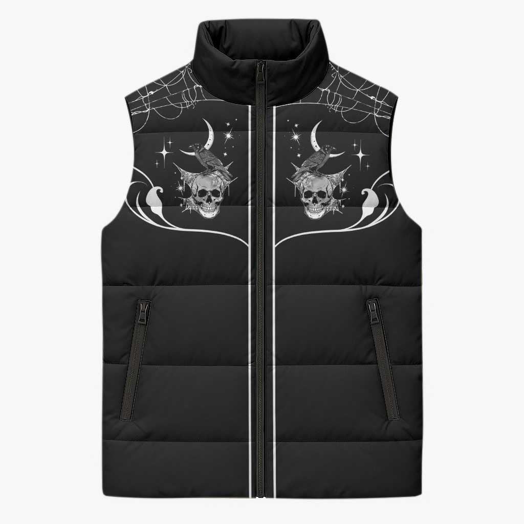 Skull Cowboy Sleeveless Puffer Jacket Western Yoke Style - Wonder Print Shop