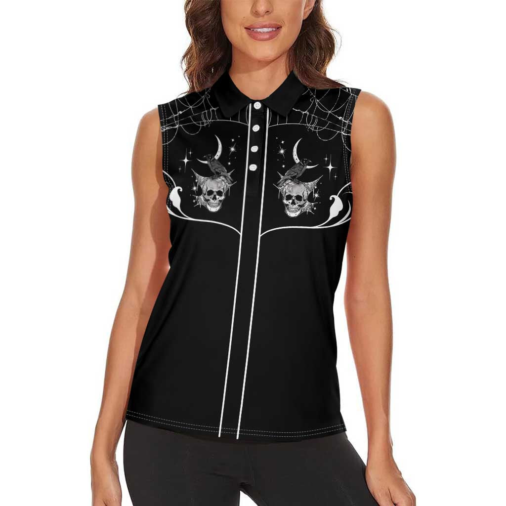 Skull Cowboy Women Sleeveless Polo Shirt Western Yoke Style - Wonder Print Shop