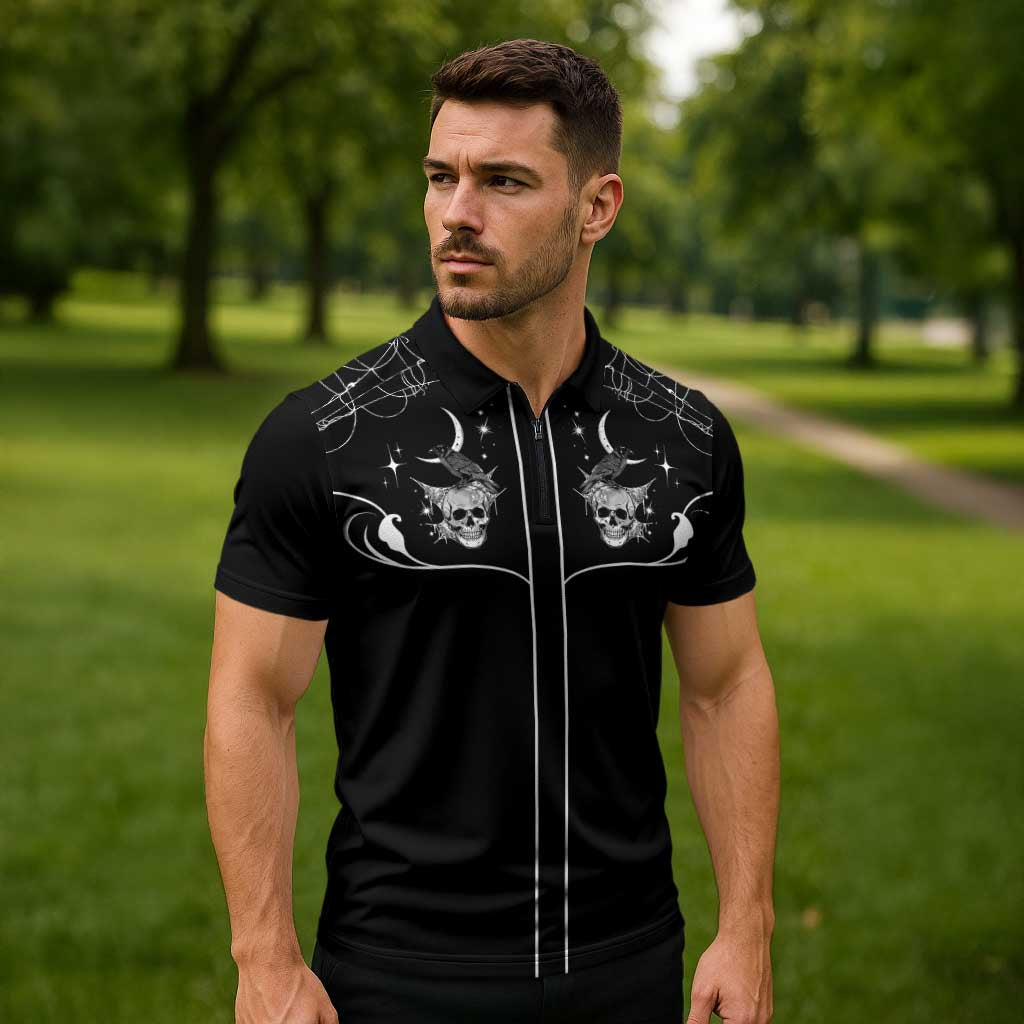 Skull Cowboy Zipper Polo Shirt Western Yoke Style - Wonder Print Shop