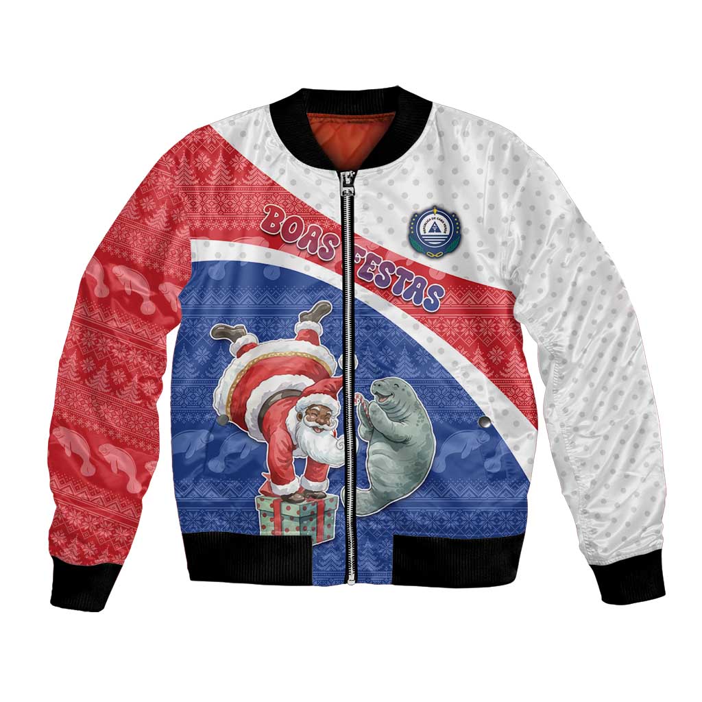 Personalized Cape Verde Christmas Bomber Jacket Black Santa Clause With The Manatee - Wonder Print Shop