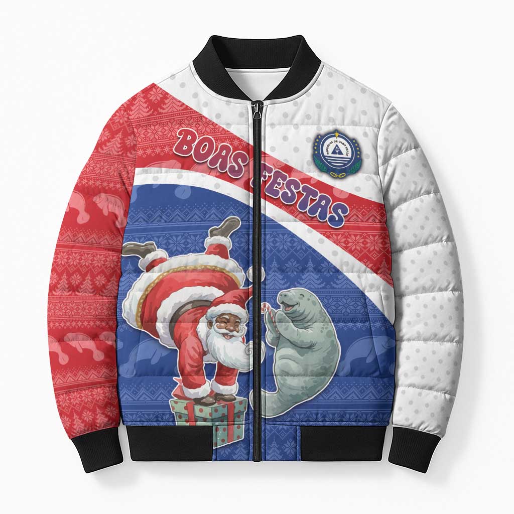 Personalized Cape Verde Christmas Bomber Puffer Jacket Black Santa Clause With The Manatee - Wonder Print Shop