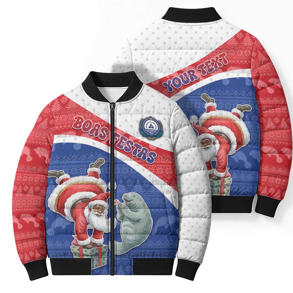 Personalized Cape Verde Christmas Bomber Puffer Jacket Black Santa Clause With The Manatee - Wonder Print Shop