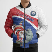 Personalized Cape Verde Christmas Bomber Puffer Jacket Black Santa Clause With The Manatee - Wonder Print Shop