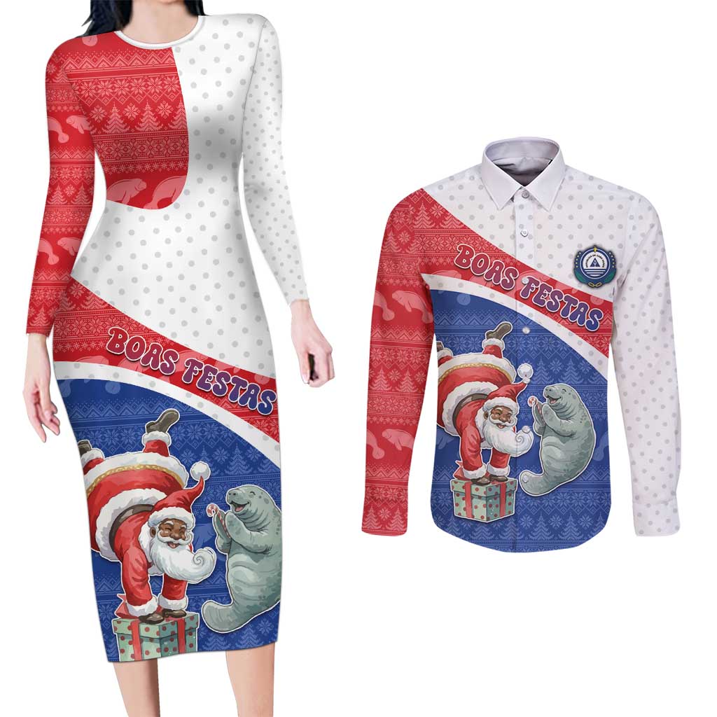 Personalized Cape Verde Christmas Couples Matching Long Sleeve Bodycon Dress and Long Sleeve Button Shirt Black Santa Clause With The Manatee - Wonder Print Shop