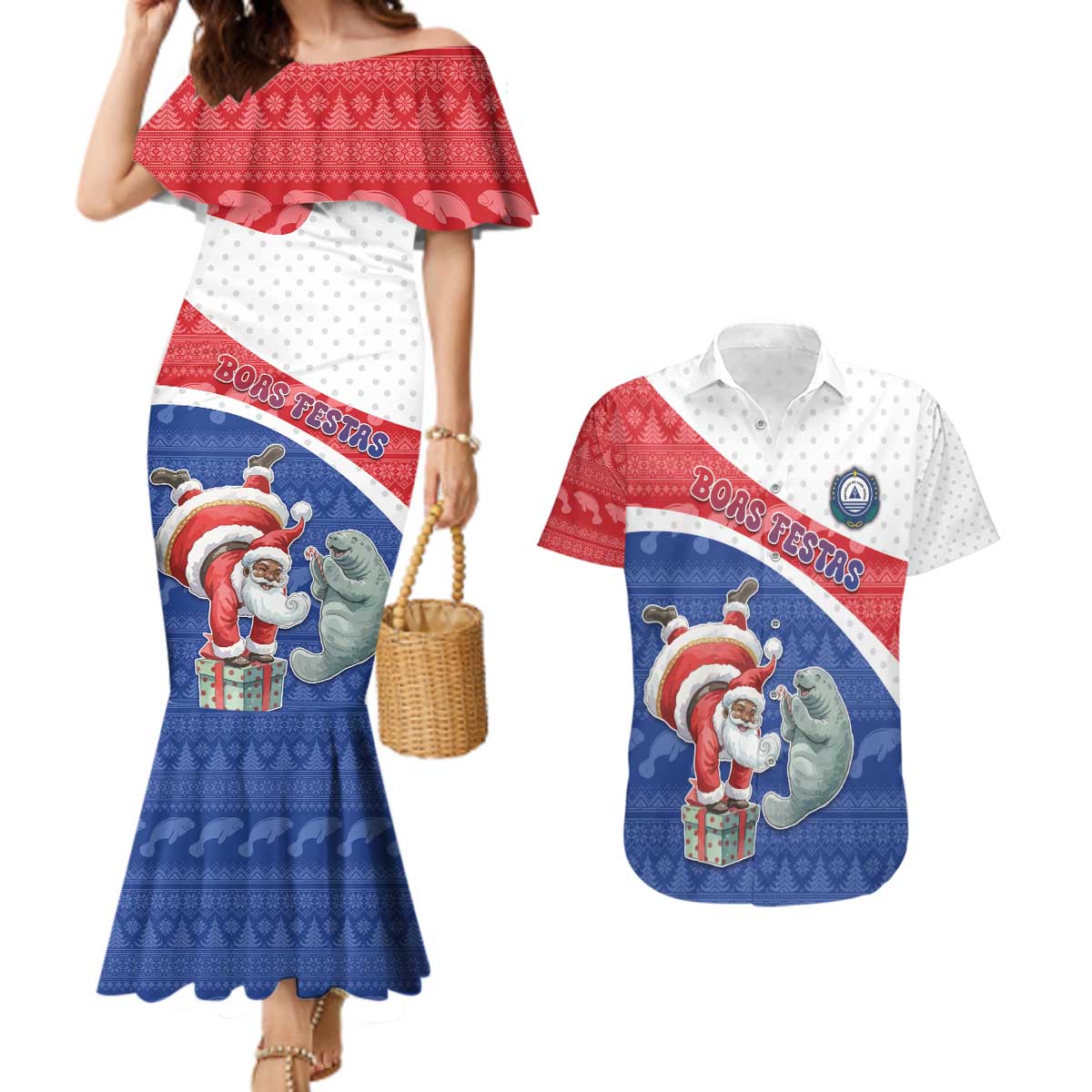 Personalized Cape Verde Christmas Couples Matching Mermaid Dress and Hawaiian Shirt Black Santa Clause With The Manatee - Wonder Print Shop