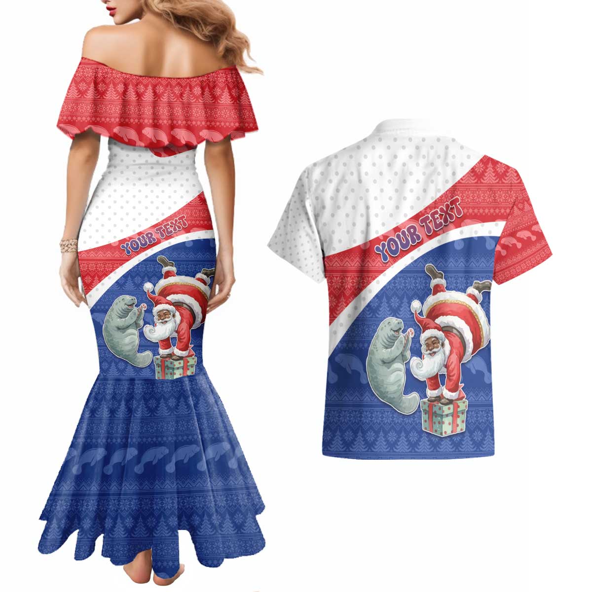 Personalized Cape Verde Christmas Couples Matching Mermaid Dress and Hawaiian Shirt Black Santa Clause With The Manatee - Wonder Print Shop