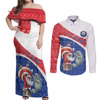 Personalized Cape Verde Christmas Couples Matching Off Shoulder Maxi Dress and Long Sleeve Button Shirt Black Santa Clause With The Manatee - Wonder Print Shop