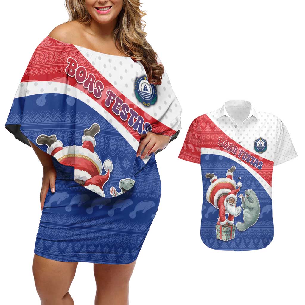 Personalized Cape Verde Christmas Couples Matching Off Shoulder Short Dress and Hawaiian Shirt Black Santa Clause With The Manatee - Wonder Print Shop