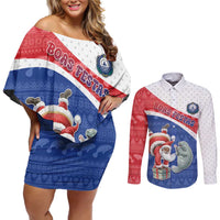 Personalized Cape Verde Christmas Couples Matching Off Shoulder Short Dress and Long Sleeve Button Shirt Black Santa Clause With The Manatee - Wonder Print Shop