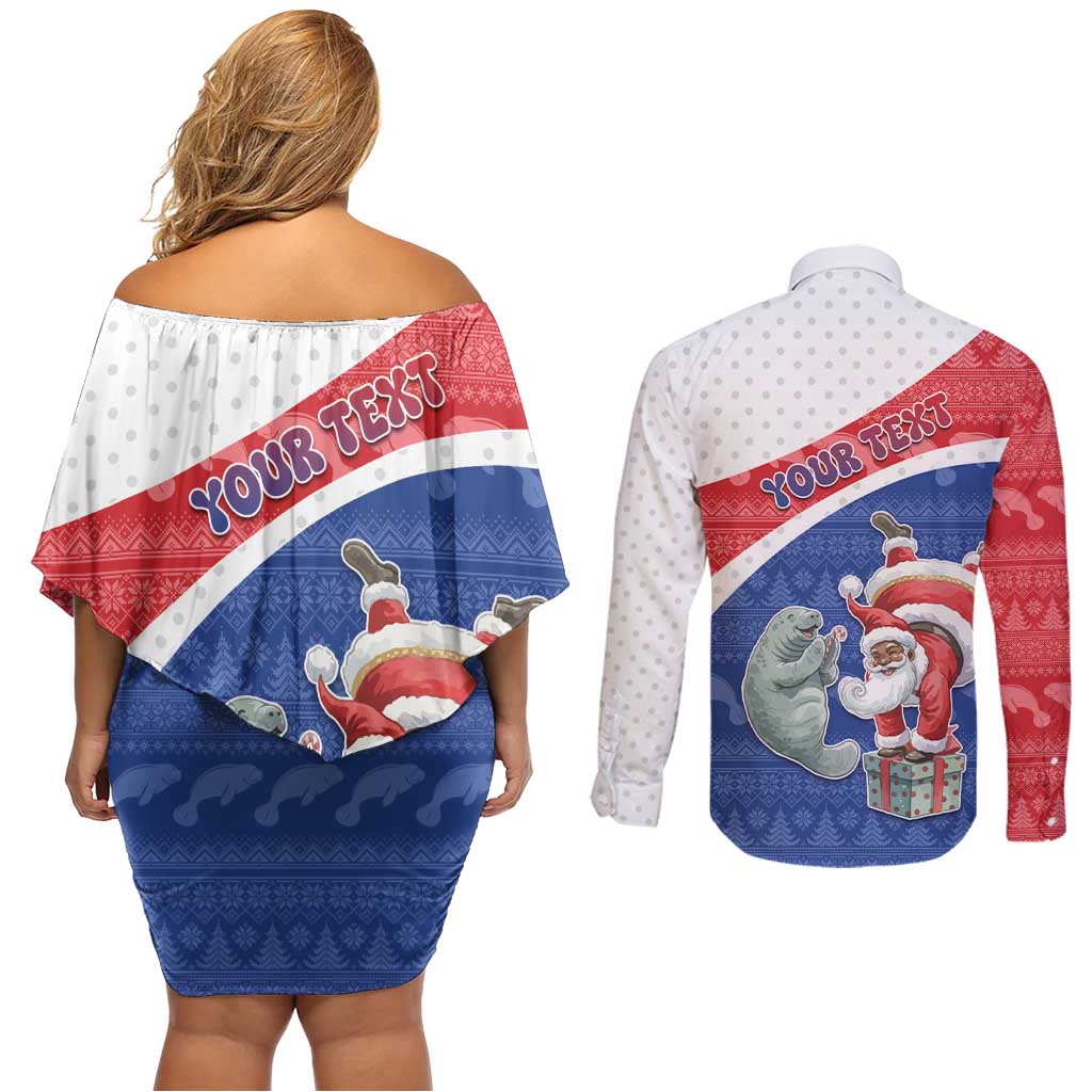 Personalized Cape Verde Christmas Couples Matching Off Shoulder Short Dress and Long Sleeve Button Shirt Black Santa Clause With The Manatee - Wonder Print Shop