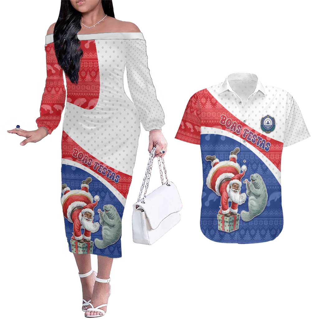 Personalized Cape Verde Christmas Couples Matching Off The Shoulder Long Sleeve Dress and Hawaiian Shirt Black Santa Clause With The Manatee - Wonder Print Shop