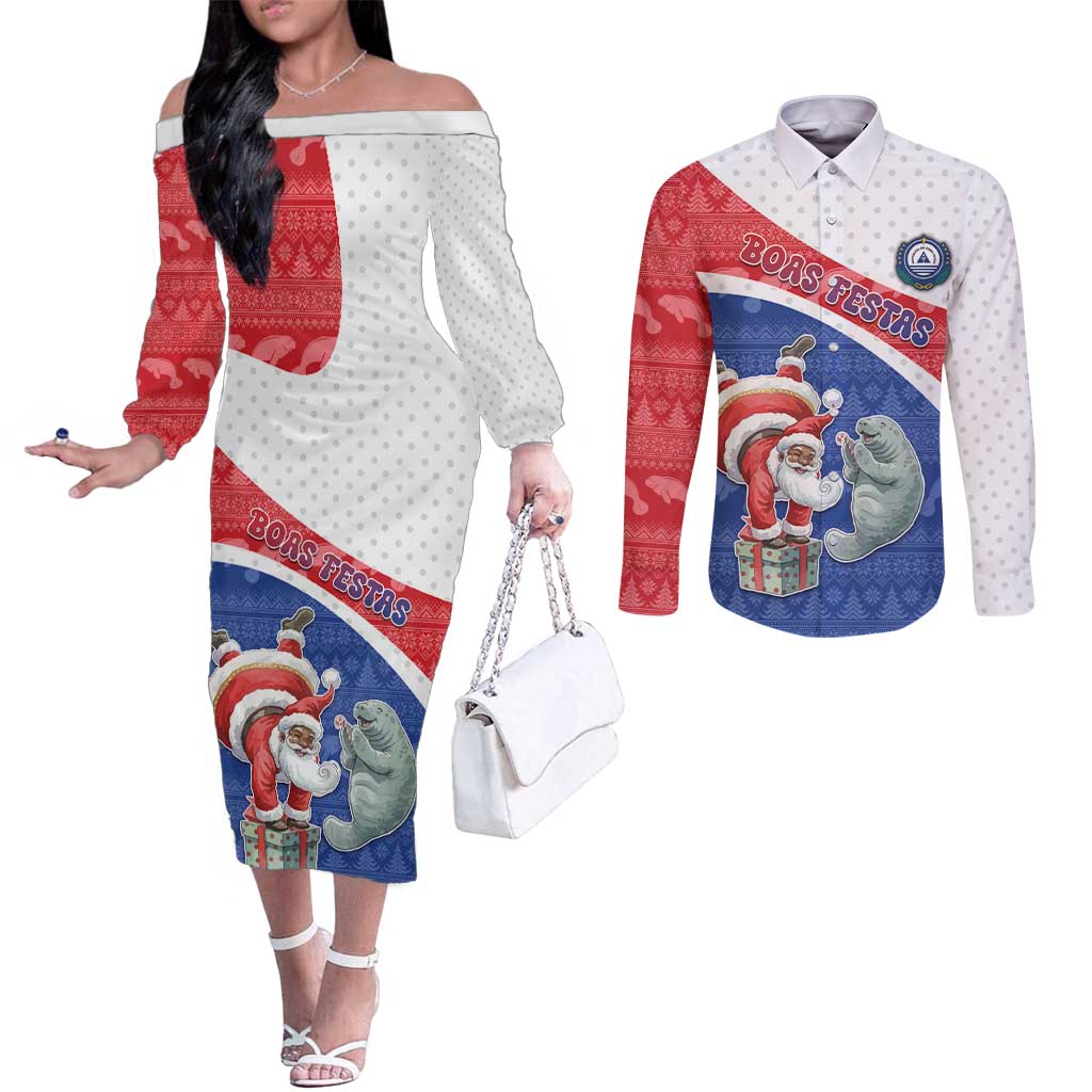 Personalized Cape Verde Christmas Couples Matching Off The Shoulder Long Sleeve Dress and Long Sleeve Button Shirt Black Santa Clause With The Manatee - Wonder Print Shop