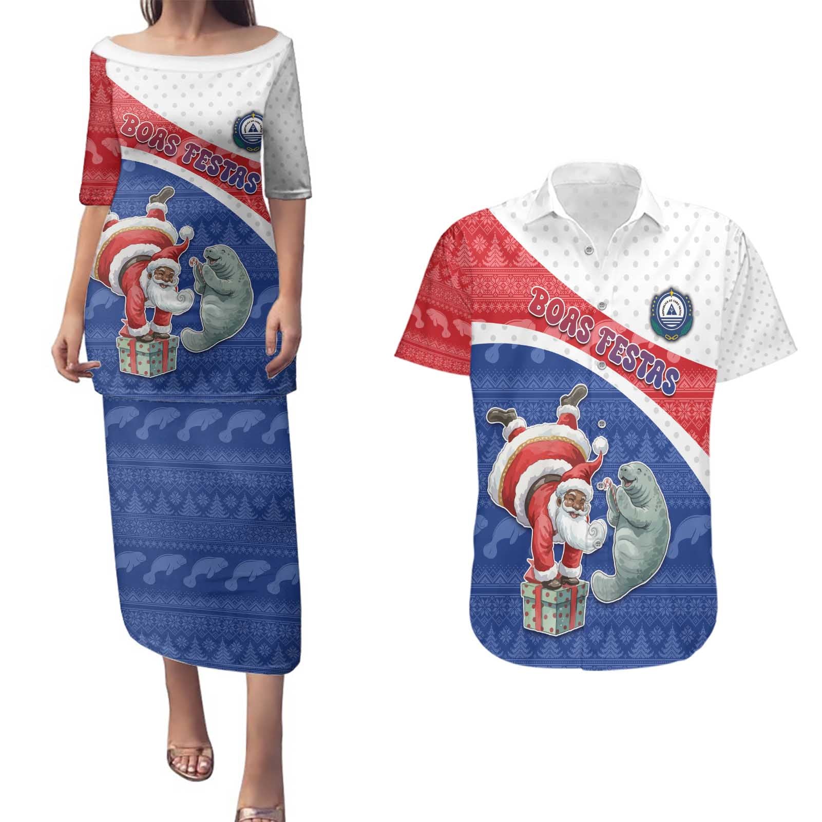 Personalized Cape Verde Christmas Couples Matching Puletasi and Hawaiian Shirt Black Santa Clause With The Manatee - Wonder Print Shop