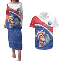 Personalized Cape Verde Christmas Couples Matching Puletasi and Hawaiian Shirt Black Santa Clause With The Manatee - Wonder Print Shop