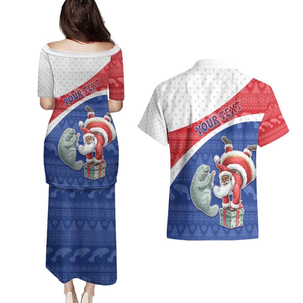 Personalized Cape Verde Christmas Couples Matching Puletasi and Hawaiian Shirt Black Santa Clause With The Manatee - Wonder Print Shop