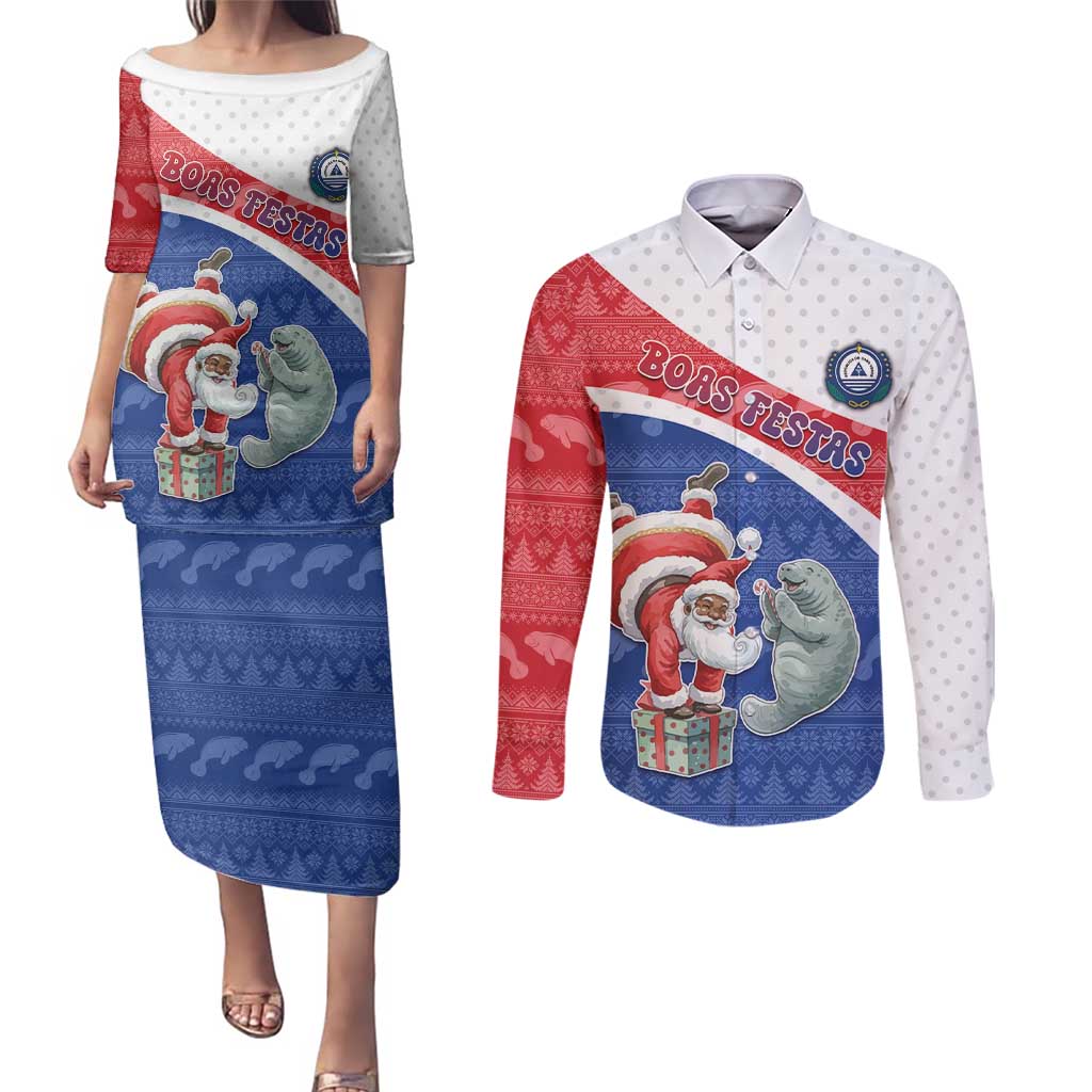 Personalized Cape Verde Christmas Couples Matching Puletasi and Long Sleeve Button Shirt Black Santa Clause With The Manatee - Wonder Print Shop