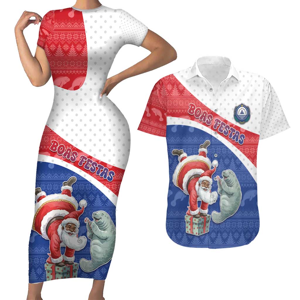 Personalized Cape Verde Christmas Couples Matching Short Sleeve Bodycon Dress and Hawaiian Shirt Black Santa Clause With The Manatee - Wonder Print Shop