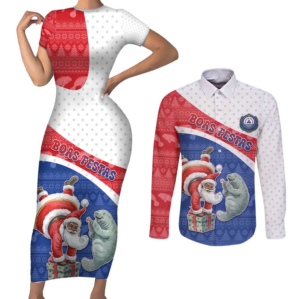 Personalized Cape Verde Christmas Couples Matching Short Sleeve Bodycon Dress and Long Sleeve Button Shirt Black Santa Clause With The Manatee - Wonder Print Shop