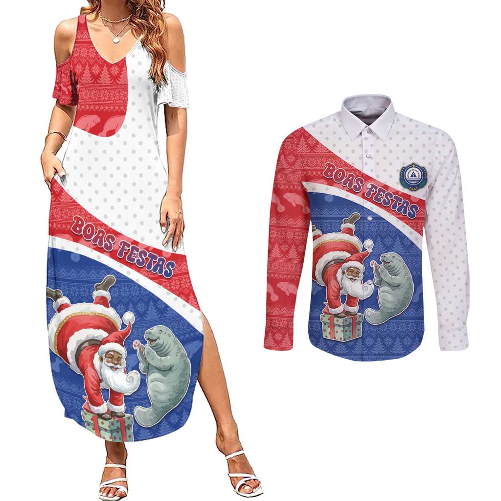Personalized Cape Verde Christmas Couples Matching Summer Maxi Dress and Long Sleeve Button Shirt Black Santa Clause With The Manatee - Wonder Print Shop