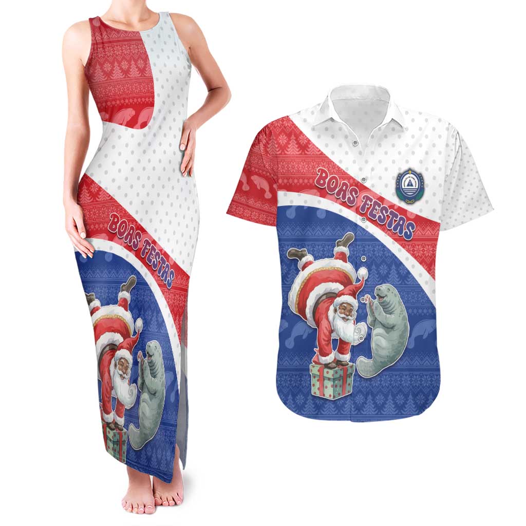 Personalized Cape Verde Christmas Couples Matching Tank Maxi Dress and Hawaiian Shirt Black Santa Clause With The Manatee - Wonder Print Shop