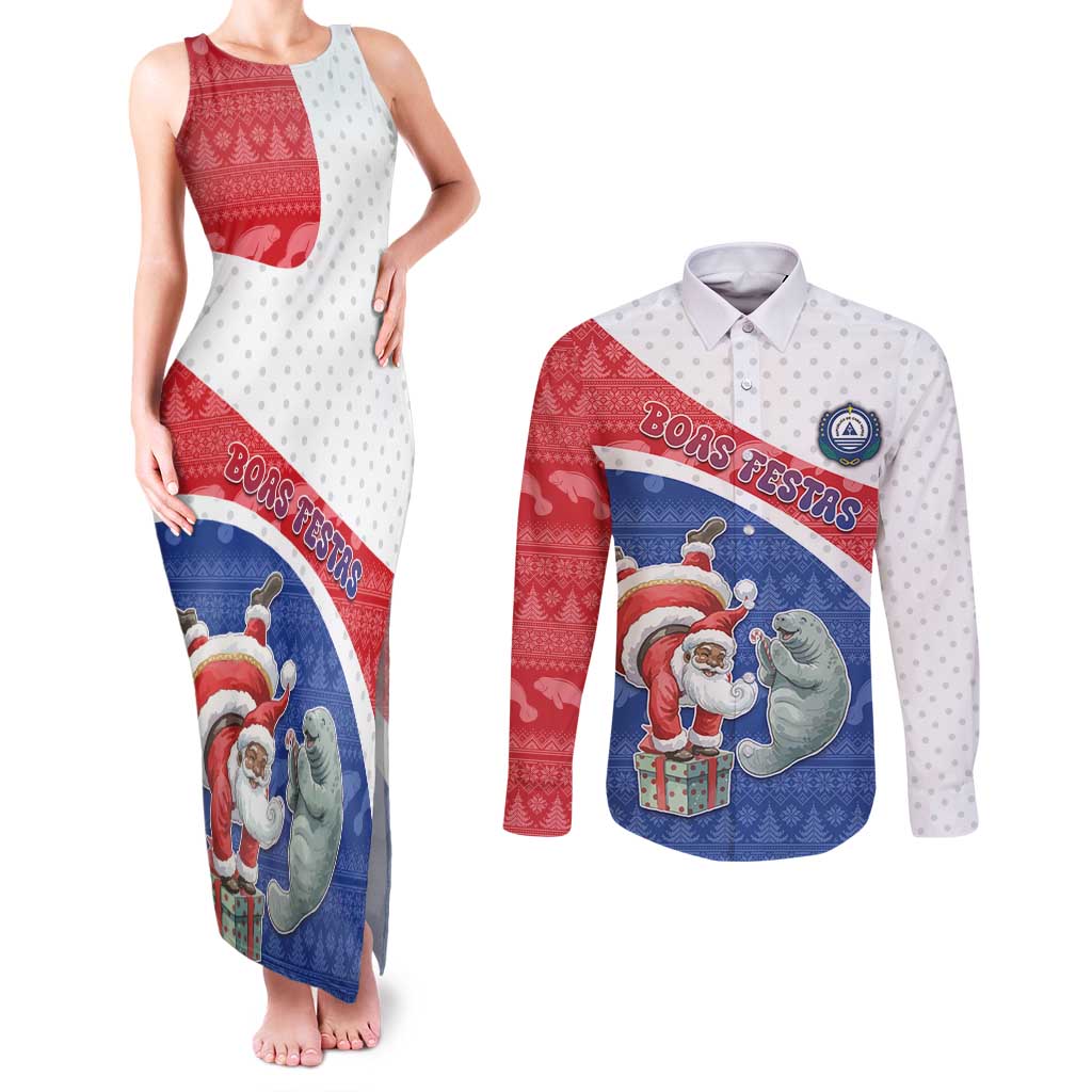 Personalized Cape Verde Christmas Couples Matching Tank Maxi Dress and Long Sleeve Button Shirt Black Santa Clause With The Manatee - Wonder Print Shop